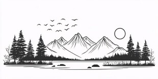 山间湖畔晨曦图