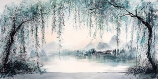 水墨垂柳湖景山水画卷
