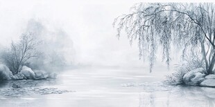 水墨湖畔柳景图