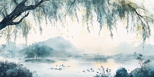 湖畔垂柳图 山水如画意