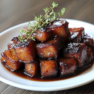 美味红烧肉摆于白盘之上