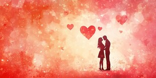 浪漫情侣在爱心环绕下亲吻