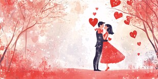 浪漫情侣在红心林间相拥