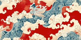 瑞兽戏浪中式祥瑞图案