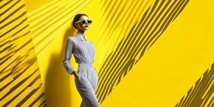 时尚女士于黄色背景前摆拍