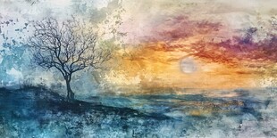 落日孤树水彩风景图