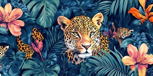 丛林中的猎豹与绚丽花卉
