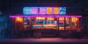夜晚街边的发光卤味店铺