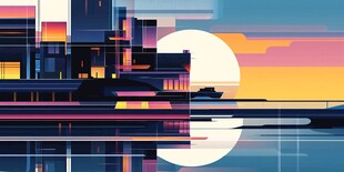 未来都市黄昏下的梦幻景象