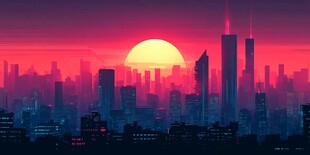 落日下的梦幻未来都市景观