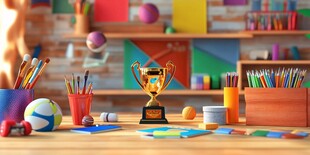 教室中的奖杯与多彩文具
