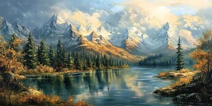 秋日山湖壮丽风光油画