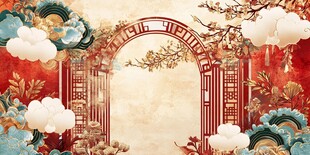 中式古典拱门花卉背景图