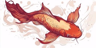 灵动红锦鲤 水墨风插画