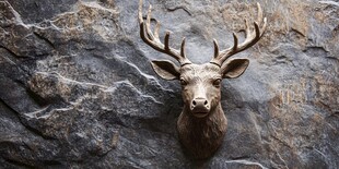 鹿头标本装饰于岩石墙面