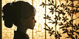 古典佳人侧影与窗畔花枝