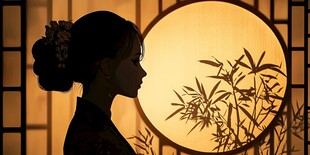 古典佳人倚窗赏竹剪影