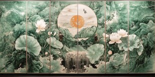 中式荷塘月色屏风画