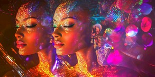 炫彩灯光下的闪耀美妆女性