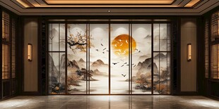 中式山水屏风装饰室内空间