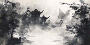 水墨山水间的古典亭阁