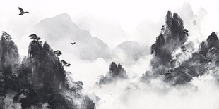 水墨山水间飞鸟翱翔