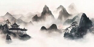 水墨山水间的古典楼阁