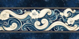 蓝白中式海浪花卉纹图案
