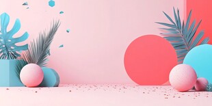 梦幻粉蓝几何植物场景