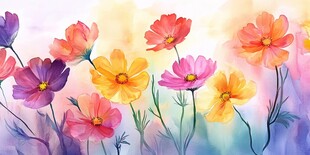 水彩绘就的多彩格桑花世界