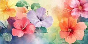 多彩木槿花水彩画