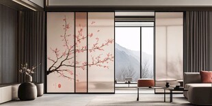 日式风格客厅与樱花屏风