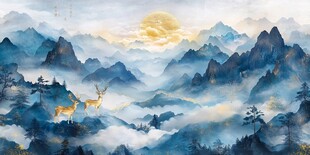 山间晨景双鹿伴日生辉