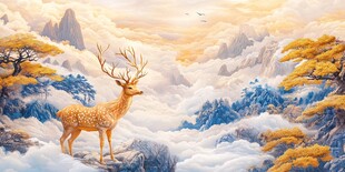 仙鹿立于云海山峦之间