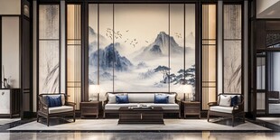 中式客厅山水壁画优雅空间