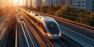 城市轨道列车穿行于晨光中