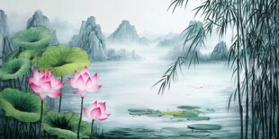 水墨荷花山水诗意画卷