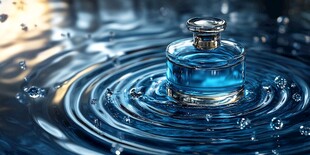 蓝色香水瓶泛起水波纹