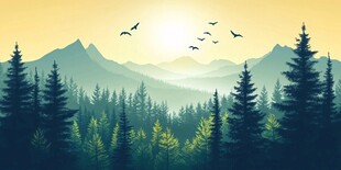 山林晨曦飞鸟图
