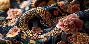 刺绣上的盘绕金蛇与繁花