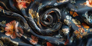 盘卧花绸上的神秘黑蛇