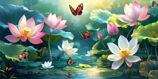 夏日荷塘蝶舞图