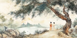 树下佳人赏景图