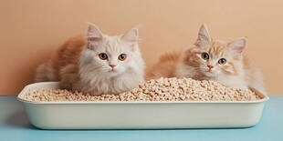 两只萌猫在猫砂盆中