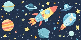 梦幻宇宙火箭行星插画