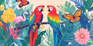 热带鹦鹉与缤纷花卉场景