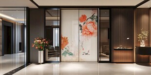 中式雅致玄关花卉屏风美