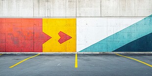 彩色墙面下的空旷停车位