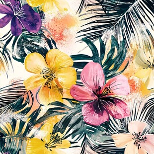 热带花卉与棕榈叶水彩图案