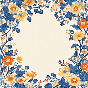 蓝黄花卉边框装饰图案